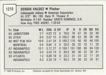 1989 ProCards Triple A #1215 Sergio Valdez Back
