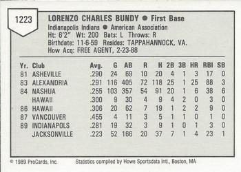 1989 ProCards Triple A #1223 Lorenzo Bundy Back