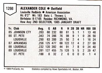 1989 ProCards Triple A #1266 Alex Cole Back