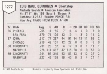 1989 ProCards Triple A #1272 Luis Quinones Back