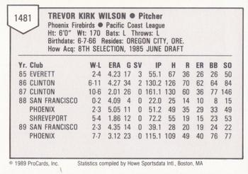 1989 ProCards Triple A #1481 Trevor Wilson Back