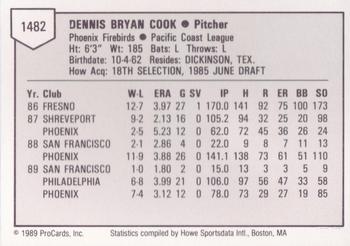 1989 ProCards Triple A #1482 Dennis Cook Back