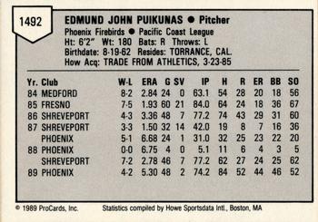 1989 ProCards Triple A #1492 Ed Puikunas Back
