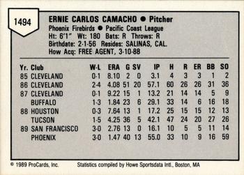 1989 ProCards Triple A #1494 Ernie Camacho Back