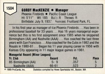 1989 ProCards Triple A #1504 Gordy MacKenzie Back