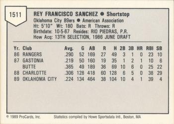 1989 ProCards Triple A #1511 Rey Sanchez Back