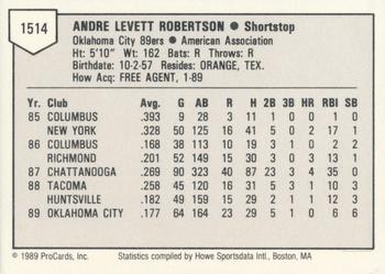 1989 ProCards Triple A #1514 Andre Robertson Back