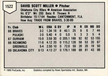 1989 ProCards Triple A #1522 Dave Miller Back