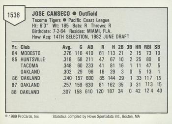 1989 ProCards Triple A #1536 Jose Canseco Back