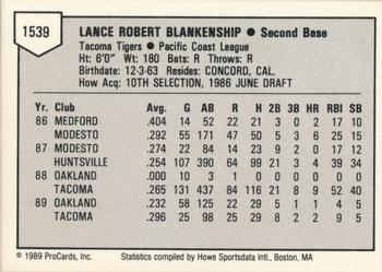1989 ProCards Triple A #1539 Lance Blankenship Back