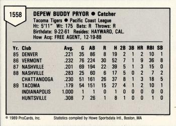 1989 ProCards Triple A #1558 Buddy Pryor Back