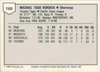 1989 ProCards Triple A #1565 Mike Bordick Back
