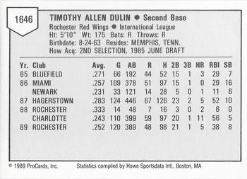 1989 ProCards Triple A #1646 Tim Dulin Back