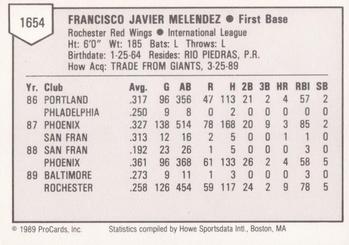 1989 ProCards Triple A #1654 Francisco Melendez Back