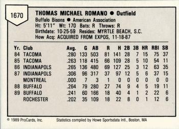 1989 ProCards Triple A #1670 Tom Romano Back