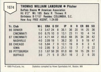 1989 ProCards Triple A #1674 Bill Landrum Back
