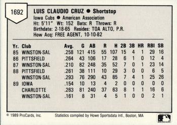 1989 ProCards Triple A #1692 Luis Cruz Back