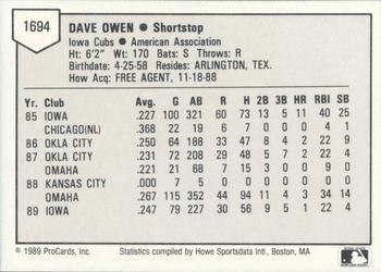 1989 ProCards Triple A #1694 Dave Owen Back