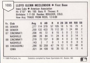 1989 ProCards Triple A #1695 Lloyd McClendon Back