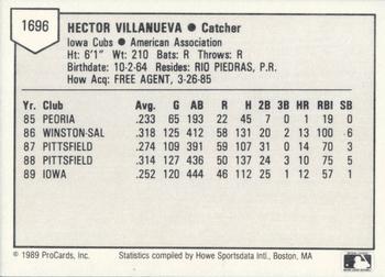 1989 ProCards Triple A #1696 Hector Villanueva Back