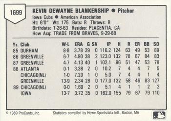 1989 ProCards Triple A #1699 Kevin Blankenship Back