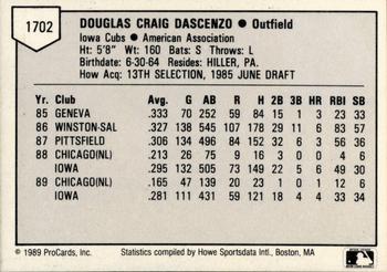 1989 ProCards Triple A #1702 Doug Dascenzo Back
