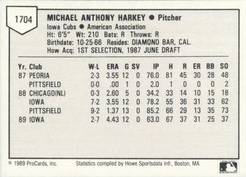 1989 ProCards Triple A #1704 Mike Harkey Back
