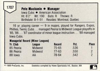 1989 ProCards Triple A #1707 Pete Mackanin Back