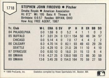 1989 ProCards Triple A #1718 Steve Fireovid Back