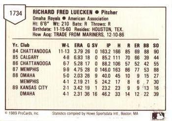 1989 ProCards Triple A #1734 Rick Luecken Back