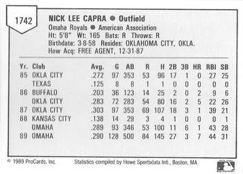 1989 ProCards Triple A #1742 Nick Capra Back