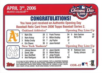 2006 Topps - Opening Day Relics #ODR-AY Oakland Athletics vs. New York Yankees Back