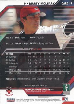 2007 Choice Indianapolis Indians - SGA - Ad Back #17 Marty McLeary Back