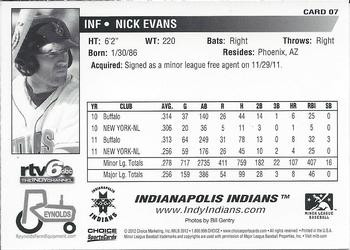 2012 Choice Indianapolis Indians - SGA (B&W Reverse) #7 Nick Evans Back