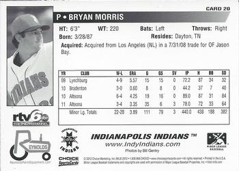 2012 Choice Indianapolis Indians - SGA (B&W Reverse) #20 Bryan Morris Back