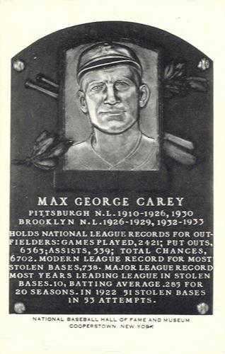 1956-63 Artvue Hall of Fame Plaque Postcards (Type 2) #NNO Max Carey Front