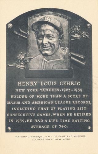 1956-63 Artvue Hall of Fame Plaque Postcards (Type 2) #NNO Lou Gehrig Front