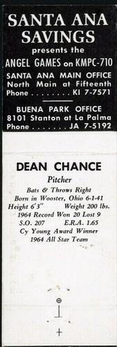 1965 Universal Match Santa Ana Savings and Loan Los Angeles Angels Matchbooks #NNO Dean Chance Back