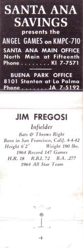 1965 Universal Match Santa Ana Savings and Loan Los Angeles Angels Matchbooks #NNO Jim Fregosi Back