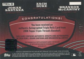 2006 Topps Triple Threads - Relic Combos Autograph #TTRCA-30 Zach Duke / Johan Santana / Brandon McCarthy Back