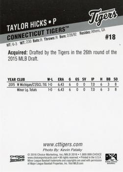 2016 Choice Connecticut Tigers #18 Taylor Hicks Back