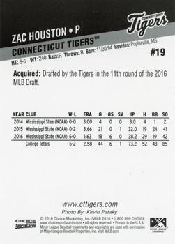 2016 Choice Connecticut Tigers #19 Zac Houston Back