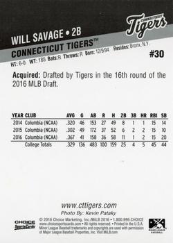 2016 Choice Connecticut Tigers #30 Will Savage Back