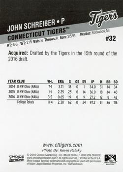 2016 Choice Connecticut Tigers #32 John Schreiber Back