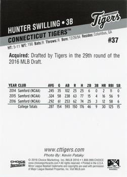 2016 Choice Connecticut Tigers #37 Hunter Swilling Back