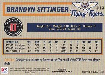 2019 Grandstand Lakeland Flying Tigers #21 Brandyn Sittinger Back