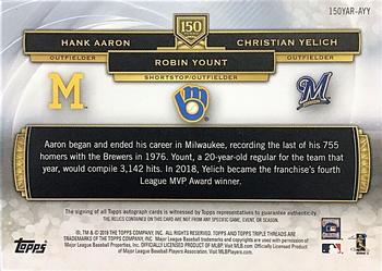 2019 Topps Triple Threads - 150 Years of Baseball Triple Autograph Relic #150YAR-AYY Robin Yount / Christian Yelich / Hank Aaron Back