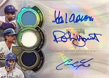 2019 Topps Triple Threads - 150 Years of Baseball Triple Autograph Relic #150YAR-AYY Robin Yount / Christian Yelich / Hank Aaron Front