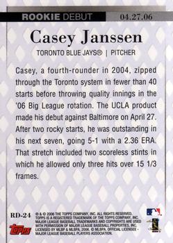 2006 Topps Updates & Highlights - Rookie Debut #RD-24 Casey Janssen Back