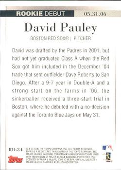 2006 Topps Updates & Highlights - Rookie Debut #RD-34 David Pauley Back